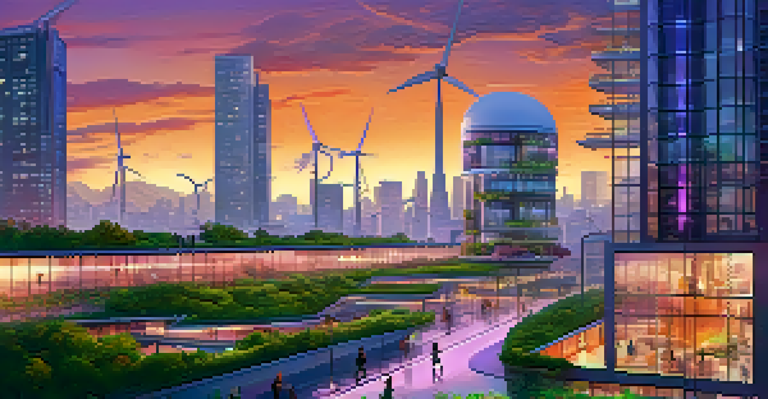 A futuristic city at dusk with renewable energy sources, electric vehicles, and green architecture, showcasing a vision of sustainability.