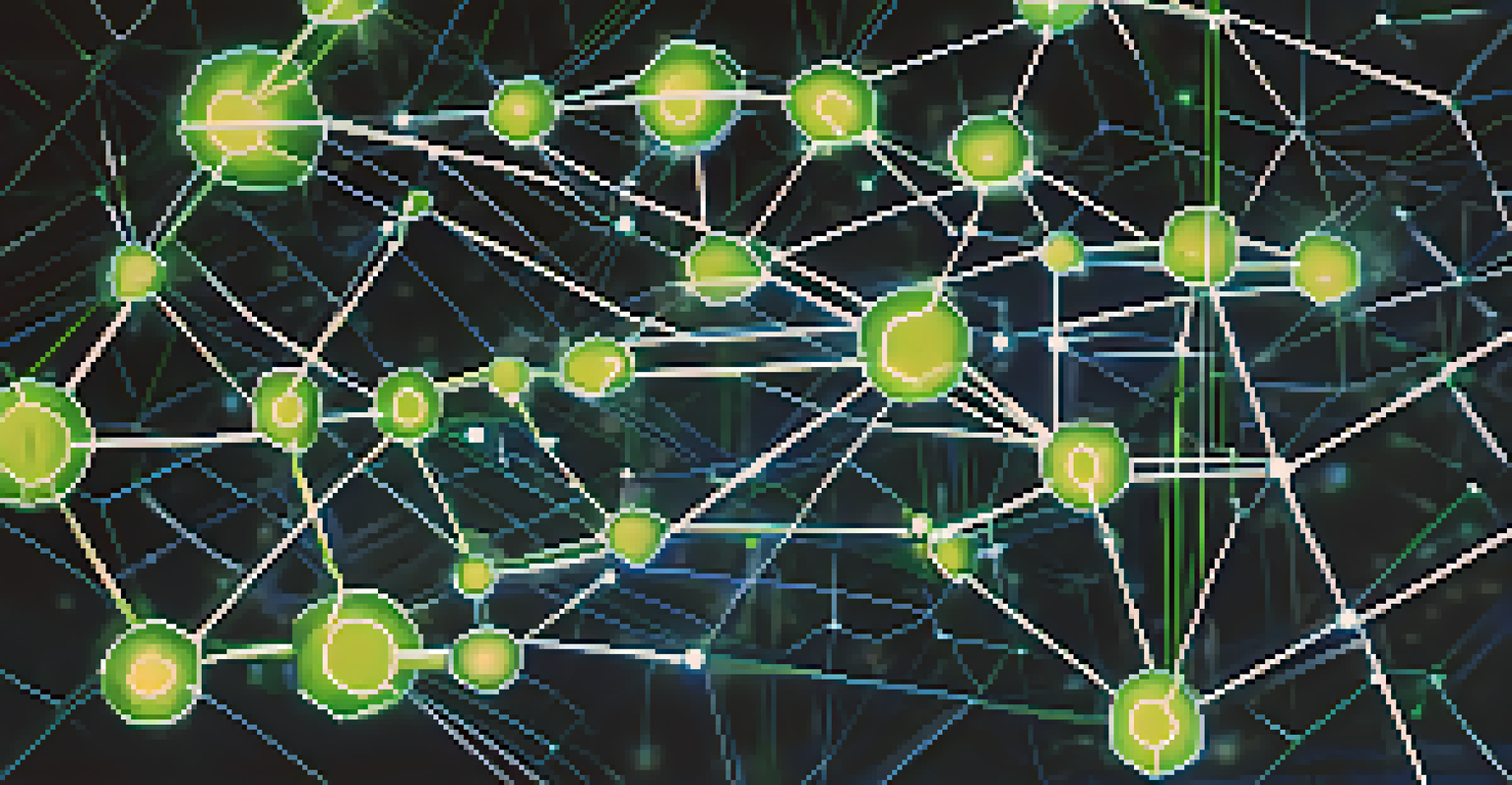 An abstract image showing interconnected nodes representing a blockchain network with glowing lines.
