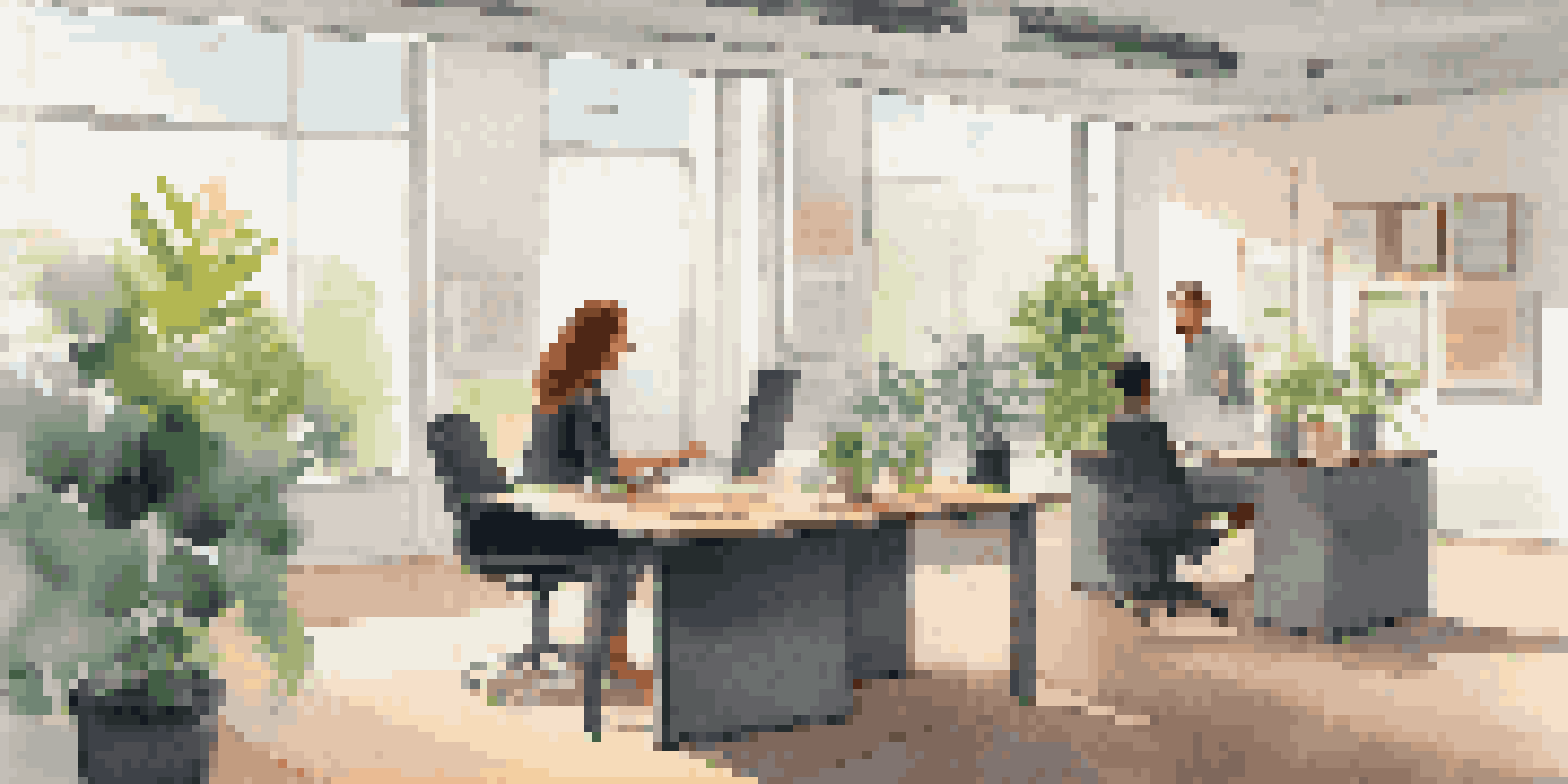 A manager and an employee having a positive performance review conversation in a well-lit office with modern decor.
