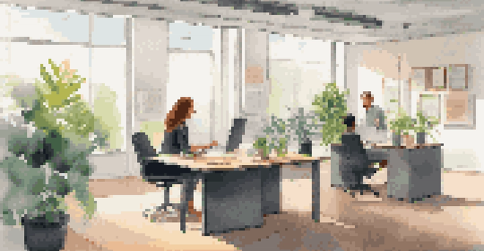 A manager and an employee having a positive performance review conversation in a well-lit office with modern decor.