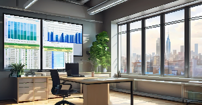 A modern office with an open Excel spreadsheet on a computer screen showing graphs and data for financial forecasting, brightened by natural light from a window.