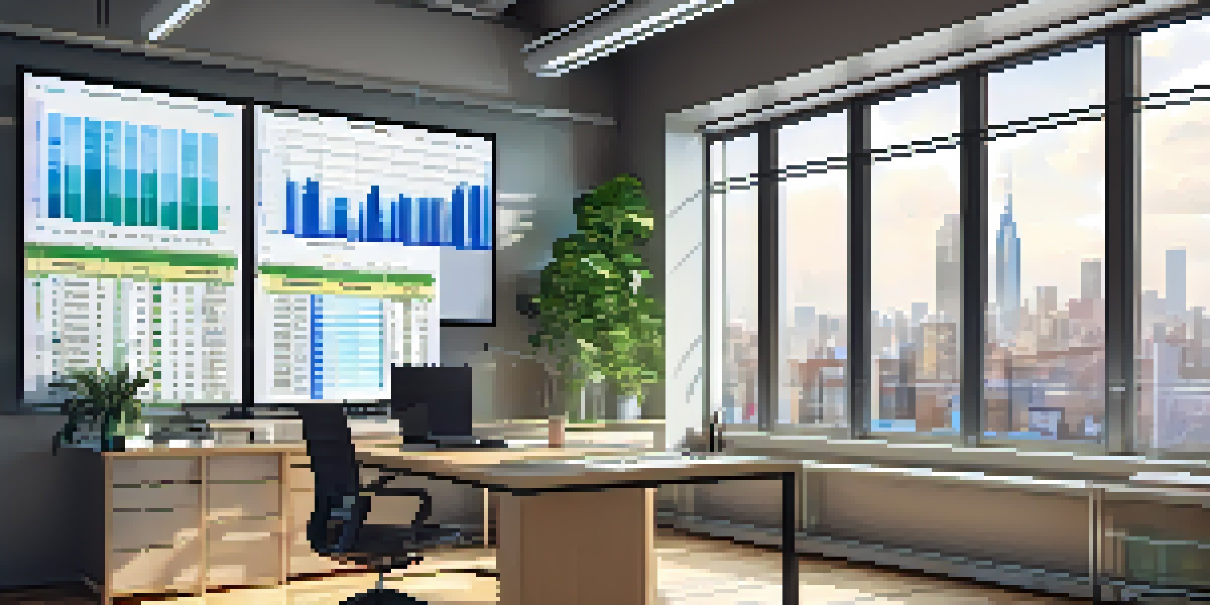 A modern office with an open Excel spreadsheet on a computer screen showing graphs and data for financial forecasting, brightened by natural light from a window.