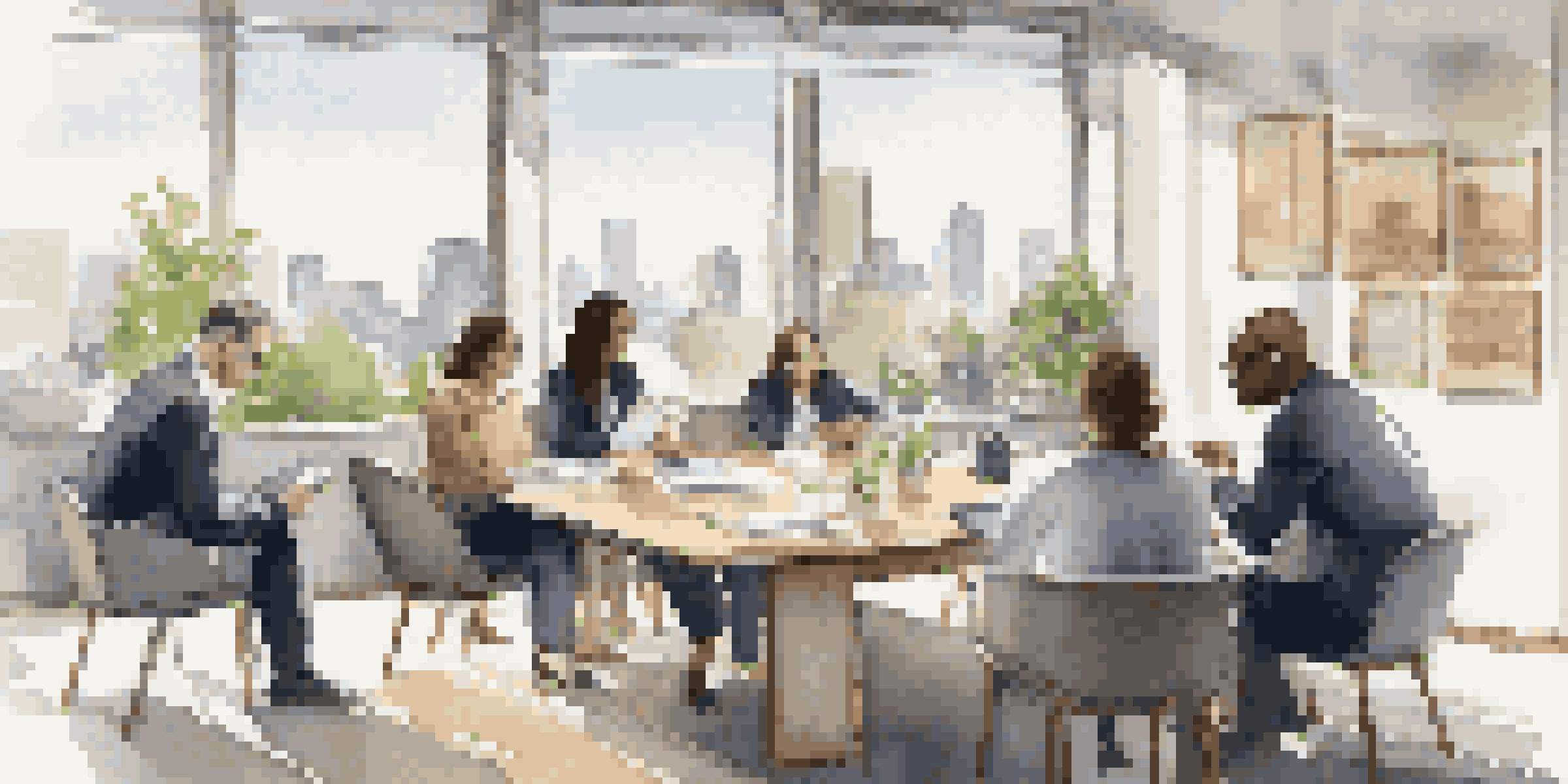 A diverse group of professionals in an office, engaged in a collaborative negotiation discussion, with one person sharing a story and others listening attentively.