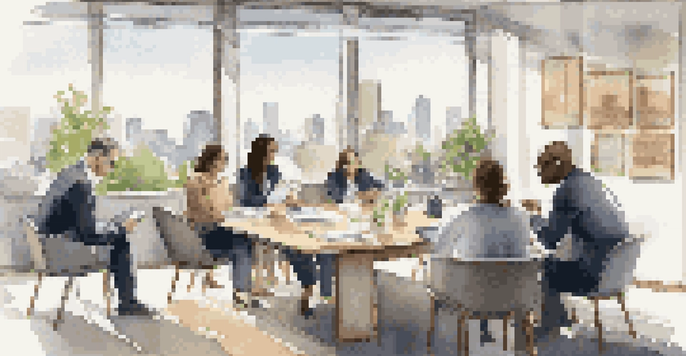 A diverse group of professionals in an office, engaged in a collaborative negotiation discussion, with one person sharing a story and others listening attentively.