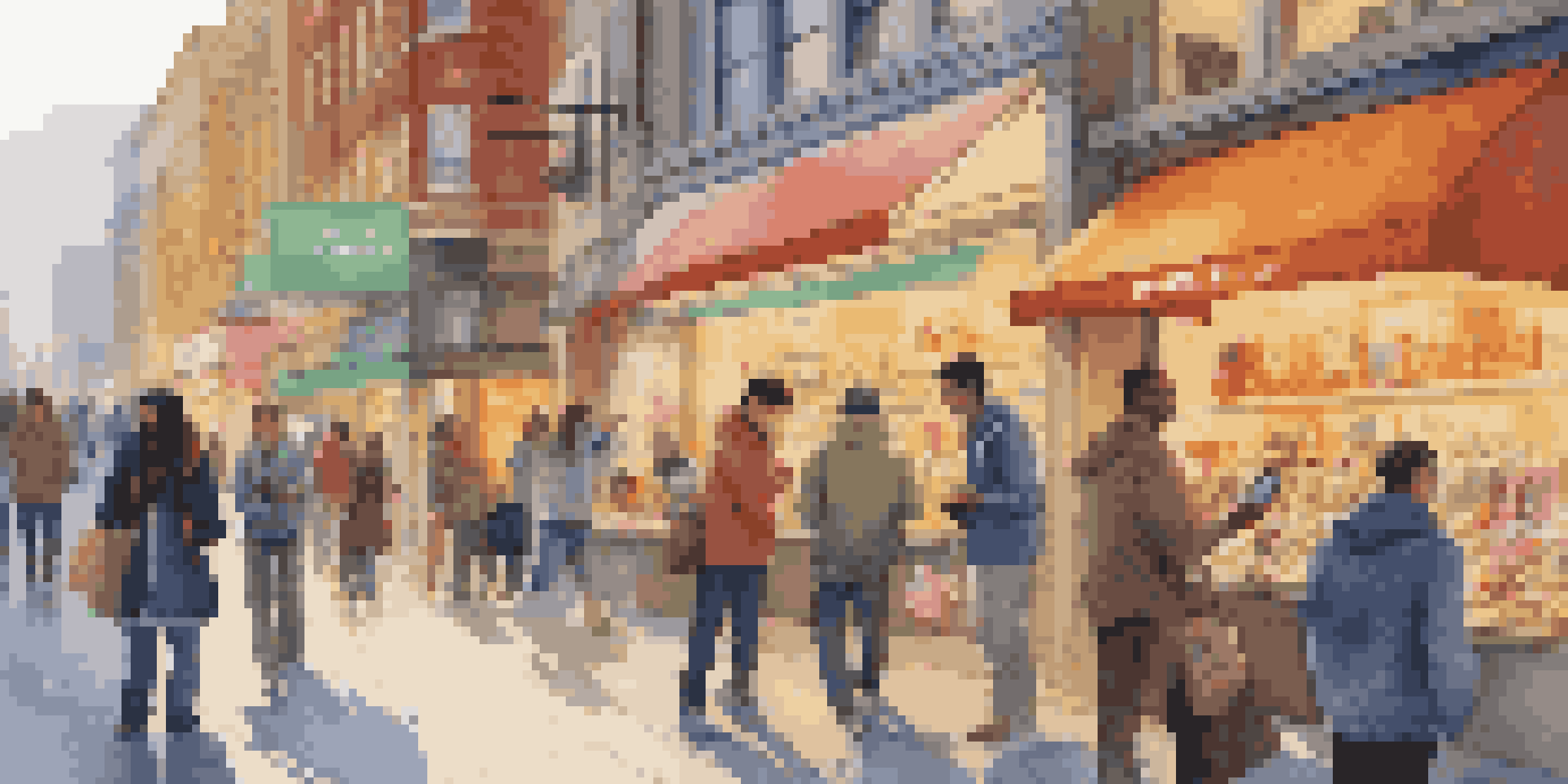 A busy city street with diverse people using smartphones to shop, surrounded by colorful store displays in a warm afternoon light.