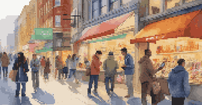 A busy city street with diverse people using smartphones to shop, surrounded by colorful store displays in a warm afternoon light.