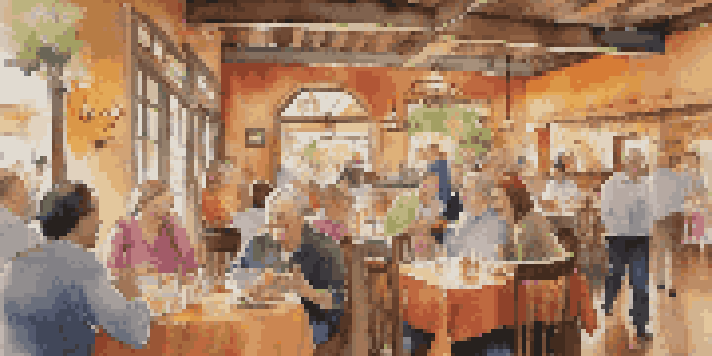 A bustling restaurant scene with diners enjoying their meals and a waiter serving food, creating a warm and inviting atmosphere.