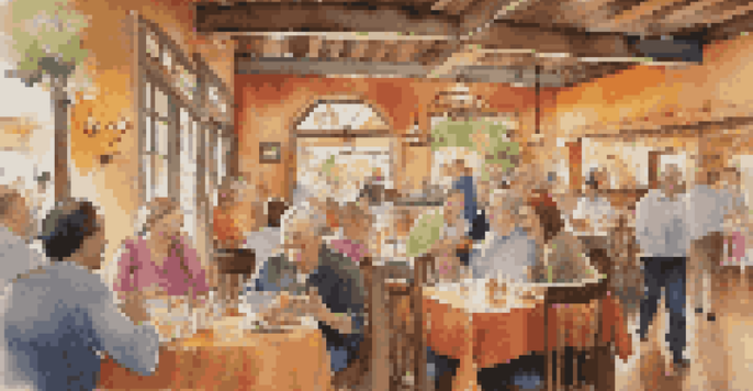 A bustling restaurant scene with diners enjoying their meals and a waiter serving food, creating a warm and inviting atmosphere.