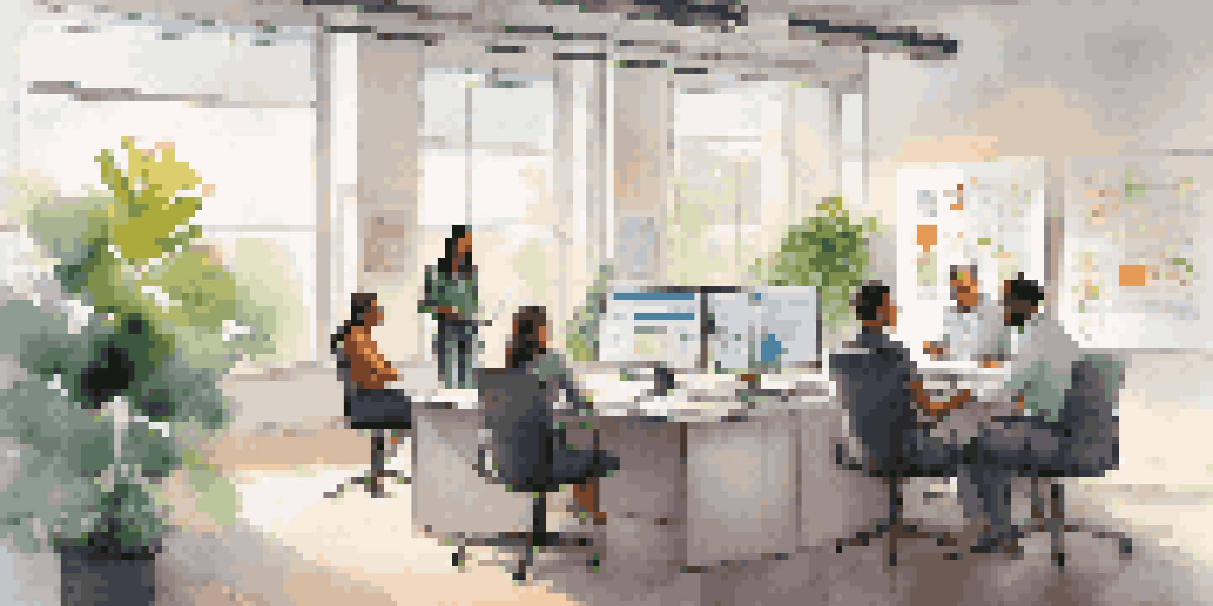 A diverse team of professionals in a bright office discussing regulatory compliance documents and charts, with plants and large windows.