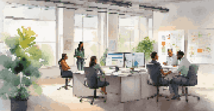 A diverse team of professionals in a bright office discussing regulatory compliance documents and charts, with plants and large windows.