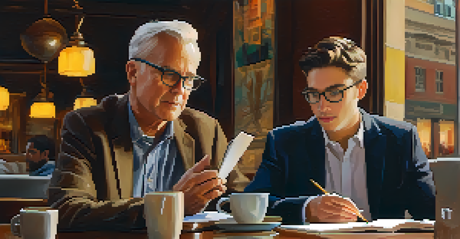 A mentor and a young professional discussing strategies in a cozy coffee shop setting.