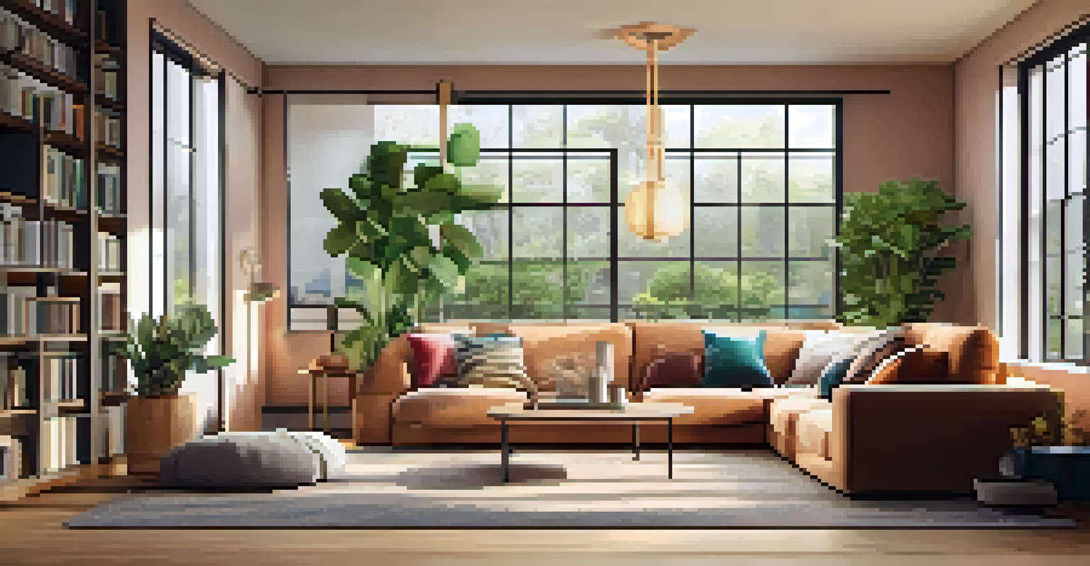 A cozy living room with a comfortable sofa, warm lighting, and a welcoming atmosphere.