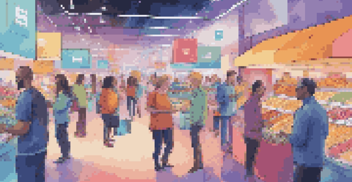 A lively marketplace with people engaging in transactions without intermediaries, showcasing digital interfaces and blockchain elements.