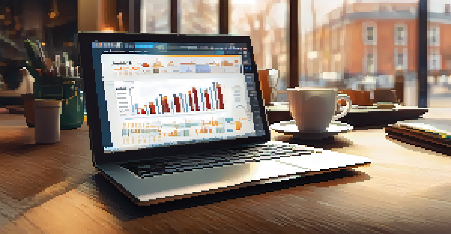 A cozy cafe table with a laptop showing customer data analytics, a smartphone, and a steaming cup of coffee.