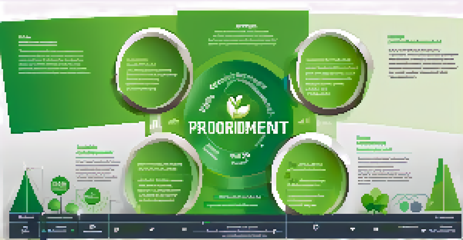 An infographic showing key principles of green procurement with icons on a green gradient background.