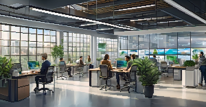A bright and modern office with employees collaborating around a table and advanced technology screens displaying data analytics.