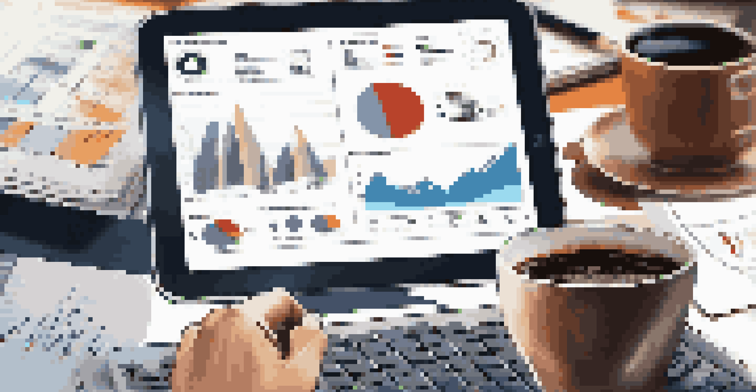 A startup entrepreneur focused on analyzing data on a tablet, surrounded by notes and a coffee cup, with graphs and charts visible on the screen.