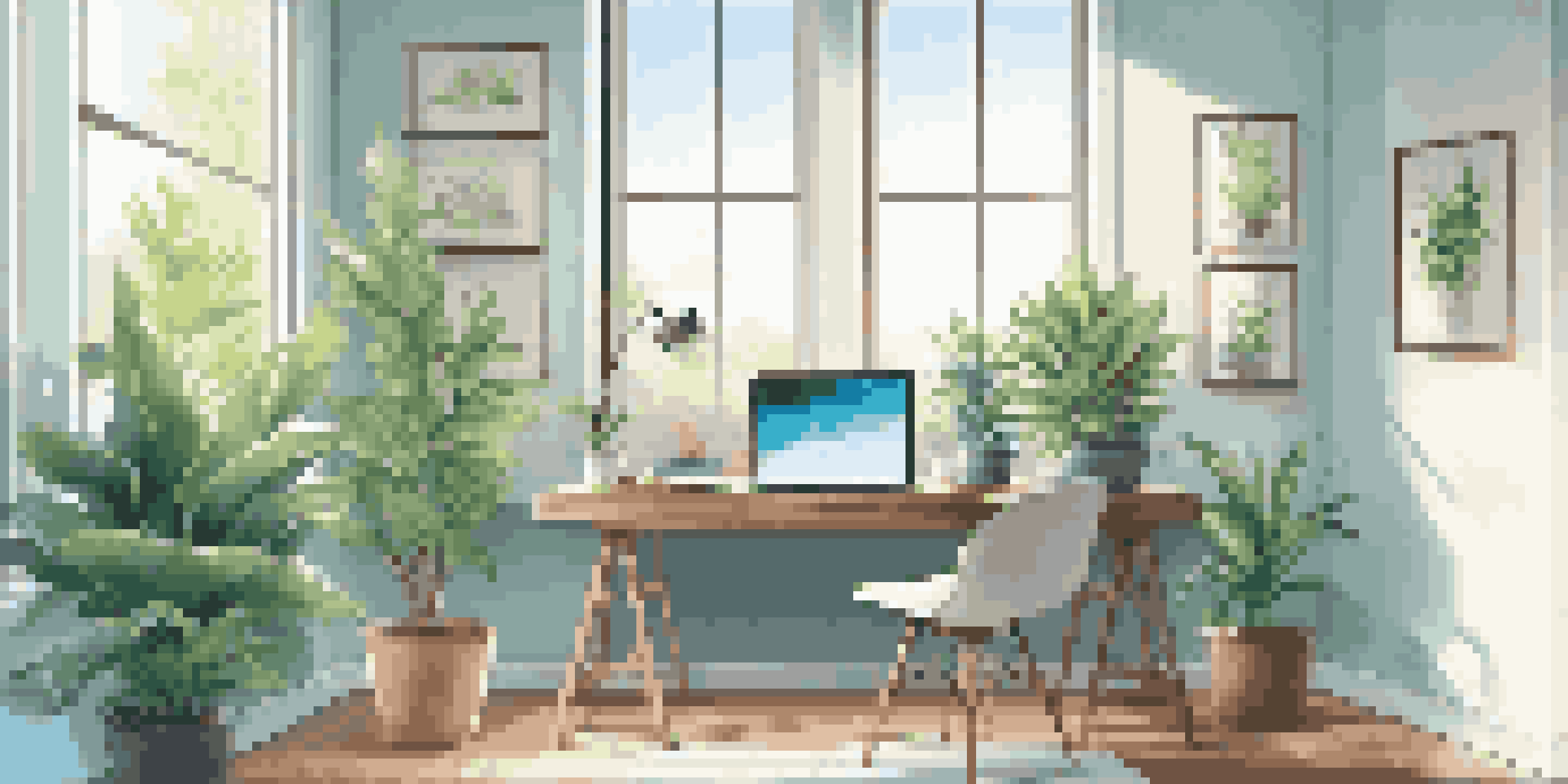 A bright and modern workspace with a laptop, notepad, coffee mug, and a green plant by the window.