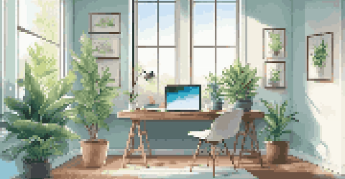 A bright and modern workspace with a laptop, notepad, coffee mug, and a green plant by the window.
