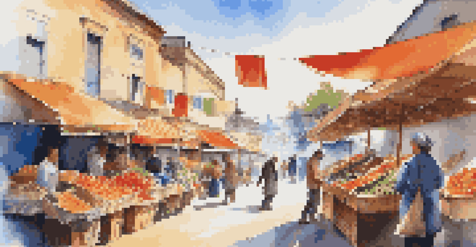A lively outdoor market filled with colorful stalls, vendors, and customers enjoying fresh produce under a clear blue sky.
