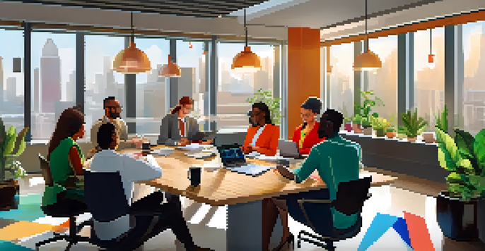 A diverse group of professionals brainstorming in a modern office, showcasing different races and genders in a collaborative environment.