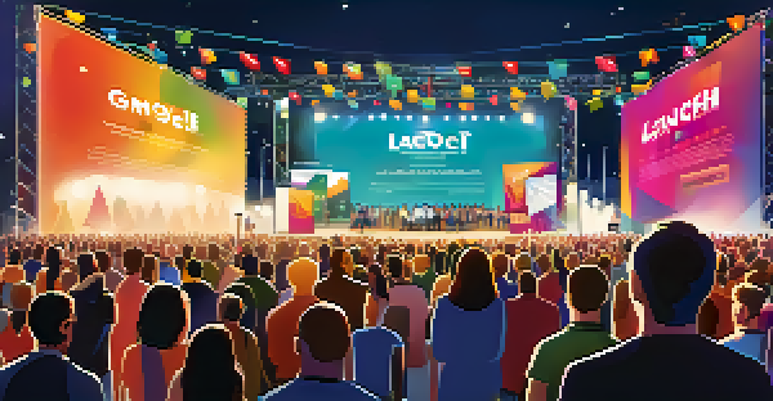 A crowd at an outdoor tech product launch event with a presenter on stage and colorful banners around.