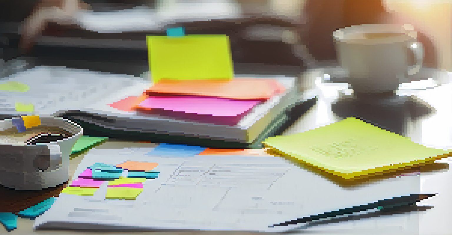 A close-up of a training manual with sticky notes and coffee, with a group of franchisees discussing in the background.