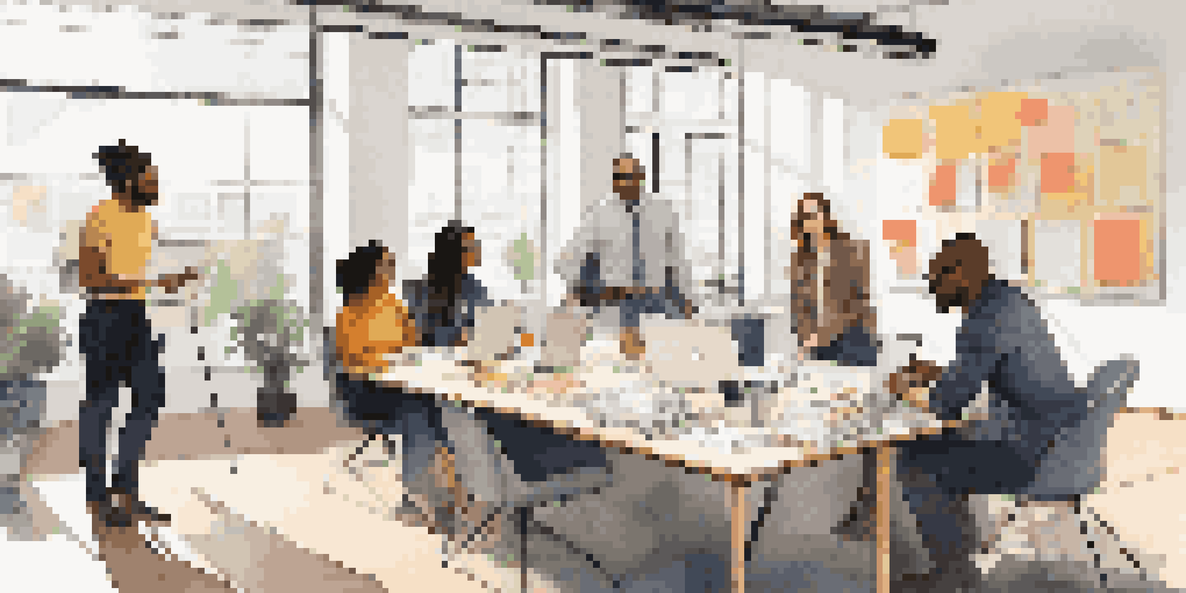 A diverse group of professionals collaborating in a modern office setting, discussing ideas around a large table with laptops and a whiteboard.