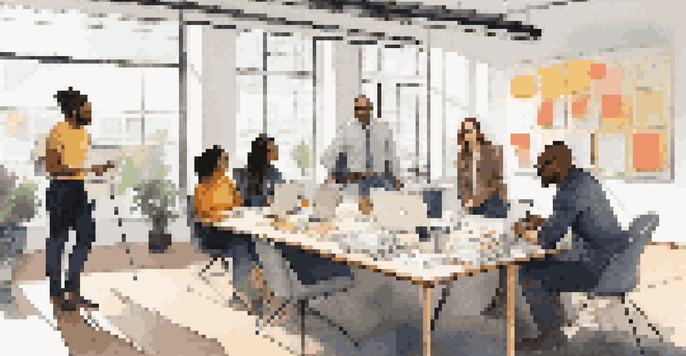 A diverse group of professionals collaborating in a modern office setting, discussing ideas around a large table with laptops and a whiteboard.