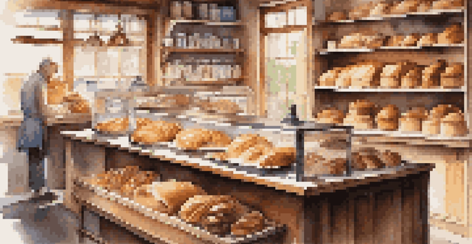 Interior of a small bakery with a wooden counter, pastries on display, and customers enjoying their treats at a table by the window.