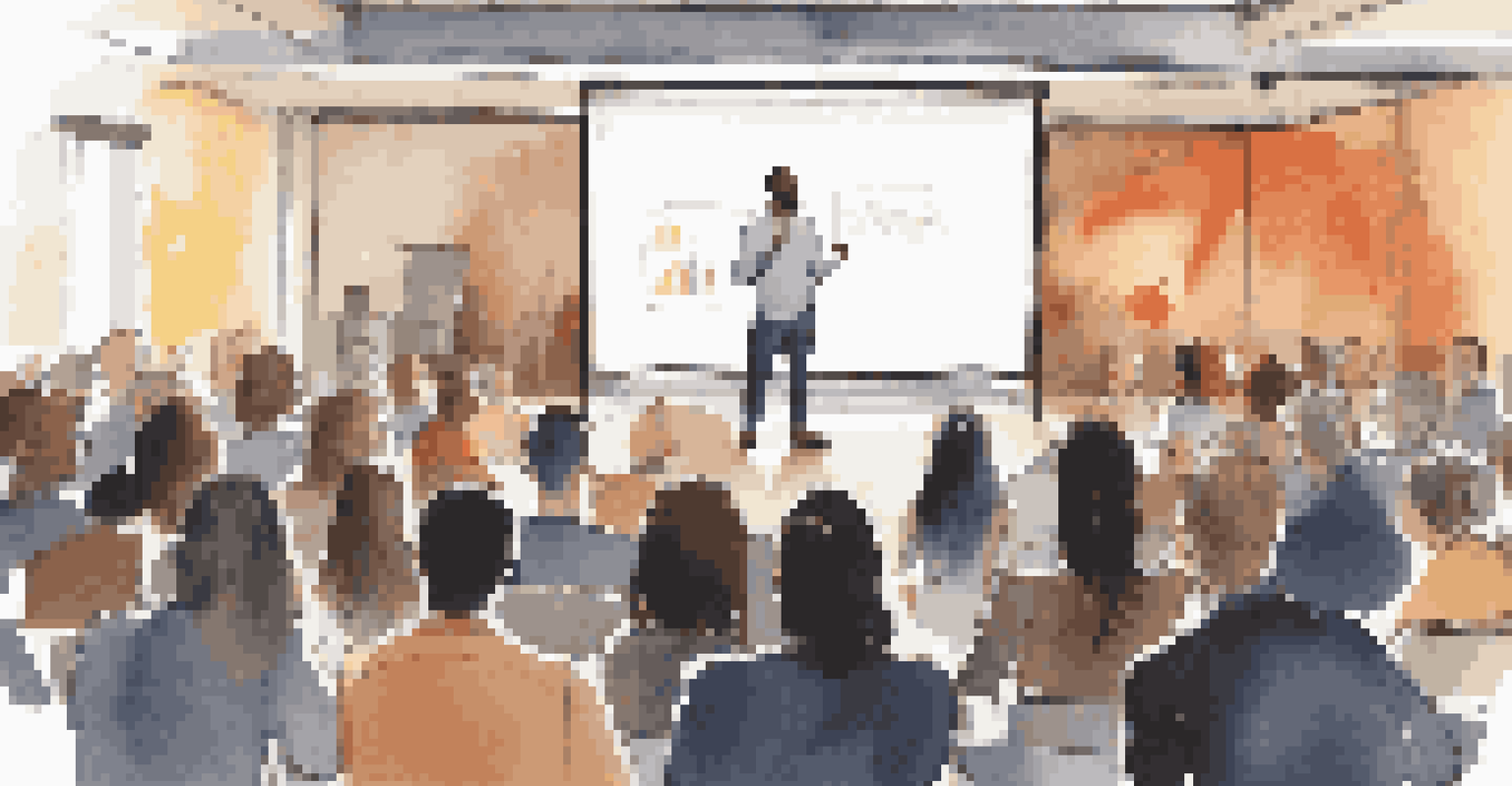 A speaker presenting on personal branding to an engaged audience in a well-lit workshop setting.