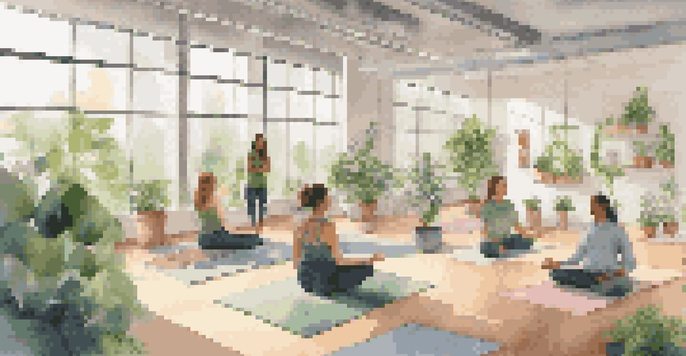 A bright, modern office with employees doing yoga and collaborating, surrounded by plants and natural light.