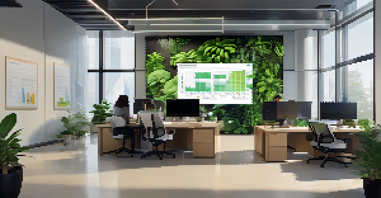 A modern office space with a large screen showing data analytics on sustainability, filled with greenery and team members discussing.