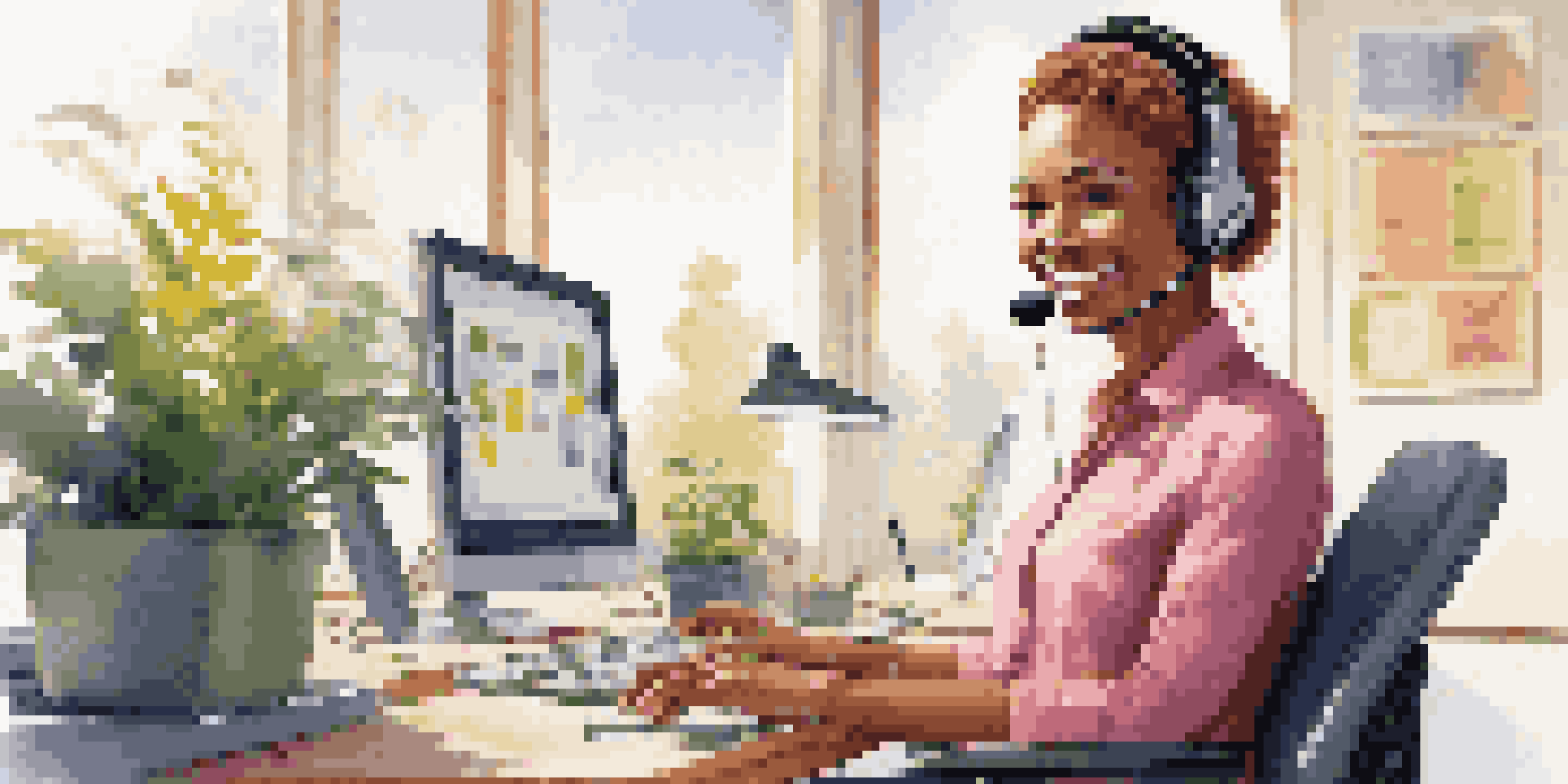 A customer service representative smiling at their desk, wearing a headset, with a computer displaying graphs and colorful plants around.