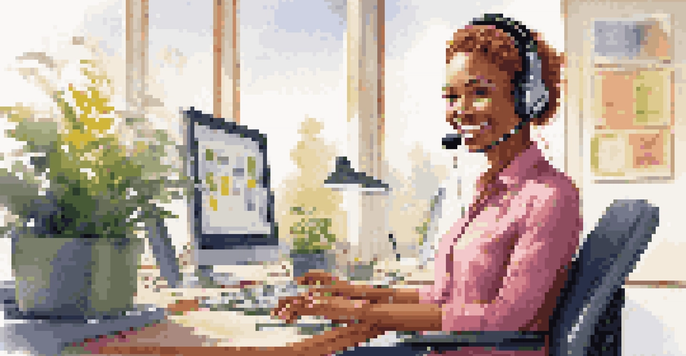 A customer service representative smiling at their desk, wearing a headset, with a computer displaying graphs and colorful plants around.