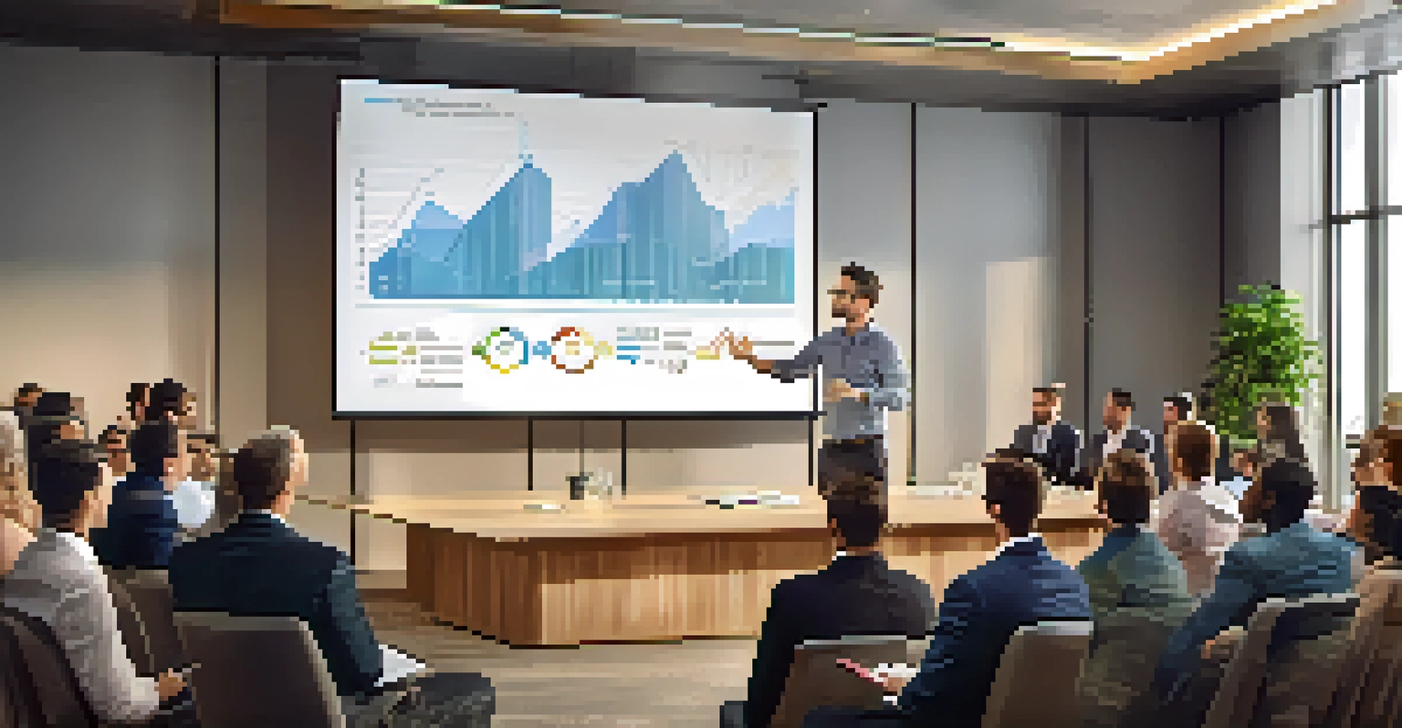 An entrepreneur giving a presentation to investors in a bright conference room with graphs on a screen.