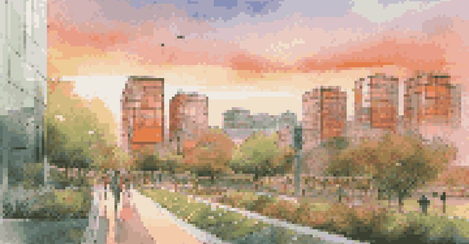 An urban skyline at sunset featuring green spaces and solar panels, with people walking and biking, representing a sustainable city.