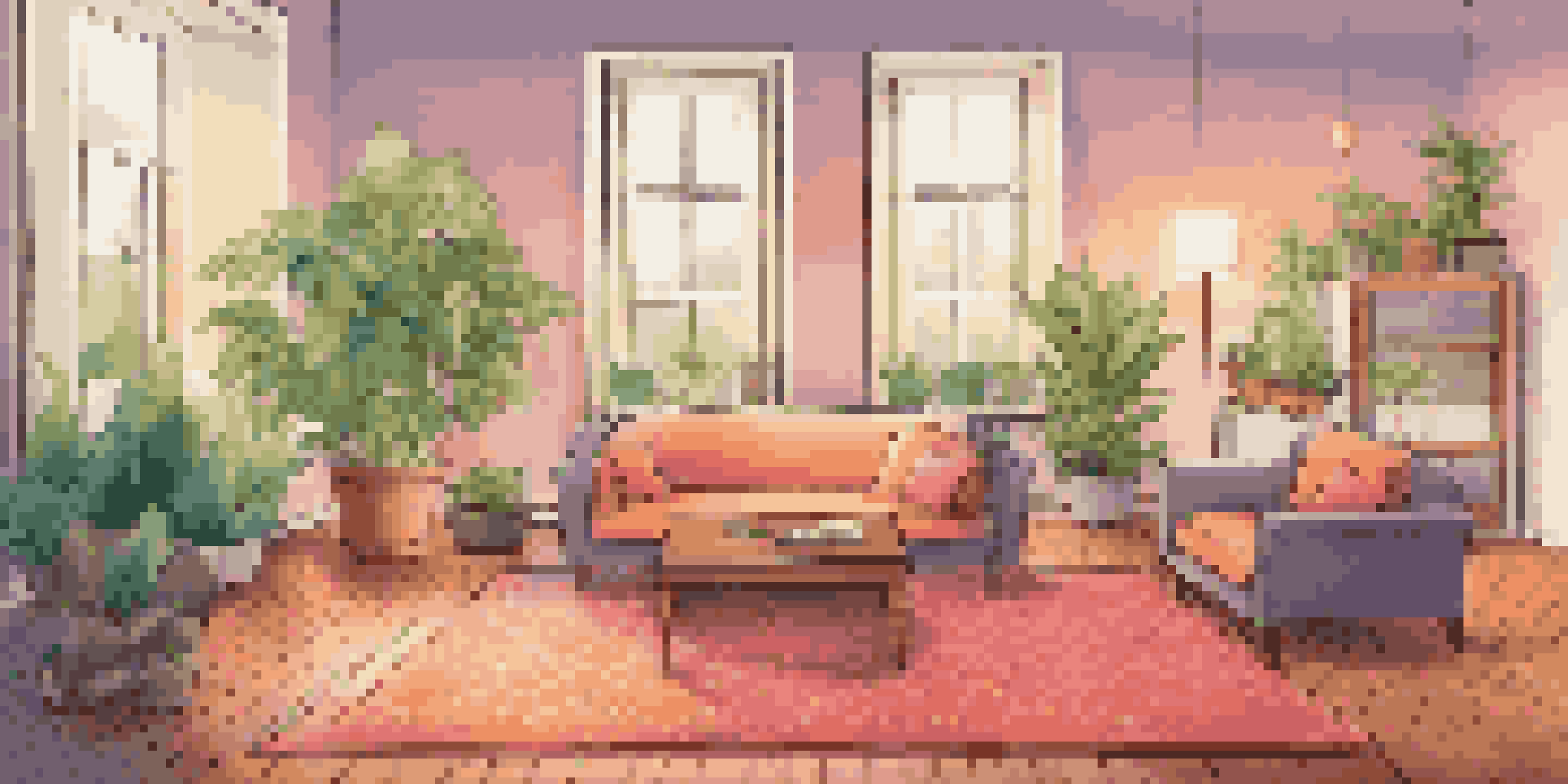 A living room with augmented reality technology displaying a virtual couch, surrounded by warm lighting and plants.