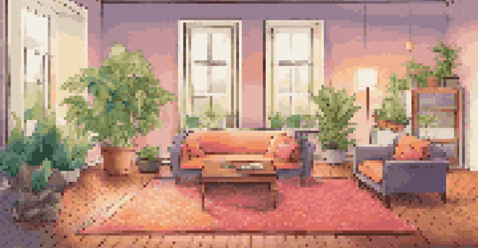 A living room with augmented reality technology displaying a virtual couch, surrounded by warm lighting and plants.