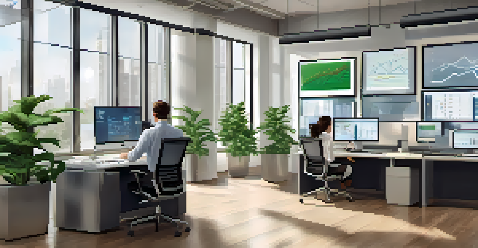 A modern office with a financial analyst at a computer, surrounded by charts and graphs, illuminated by natural light from large windows.