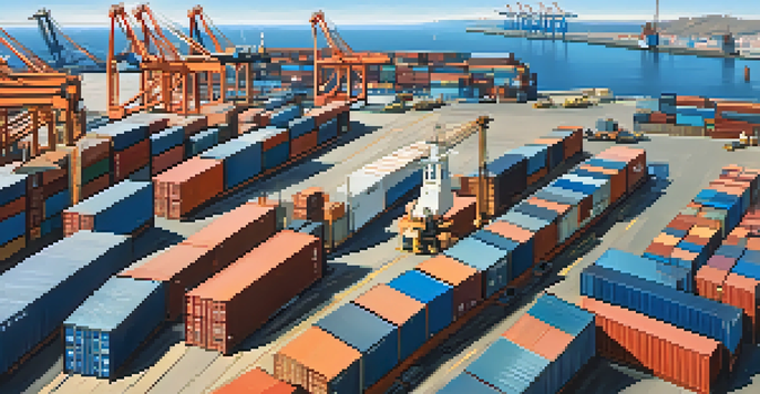 A busy international trade port with cargo ships, cranes, and workers under bright sunlight.