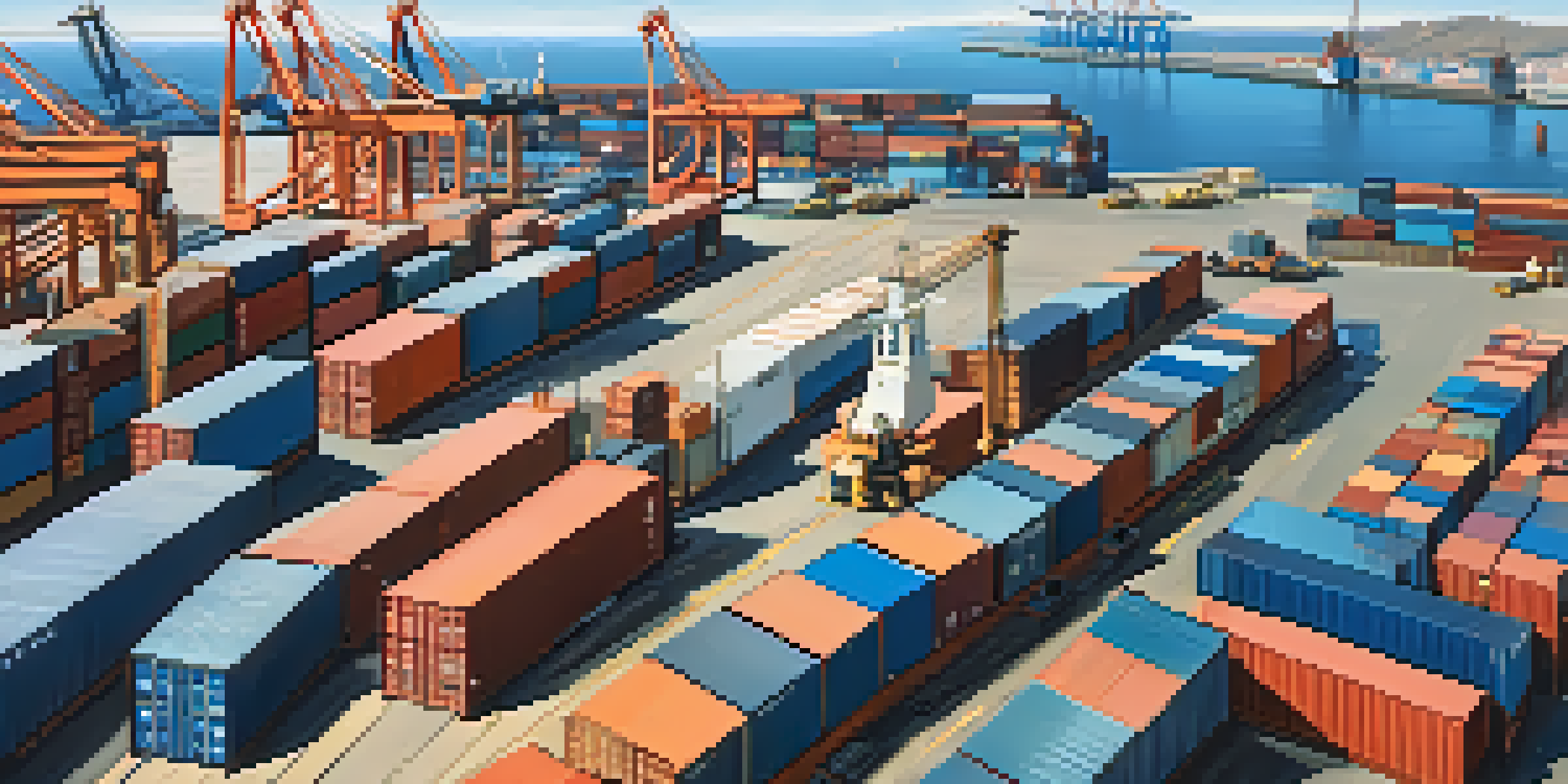 A busy international trade port with cargo ships, cranes, and workers under bright sunlight.
