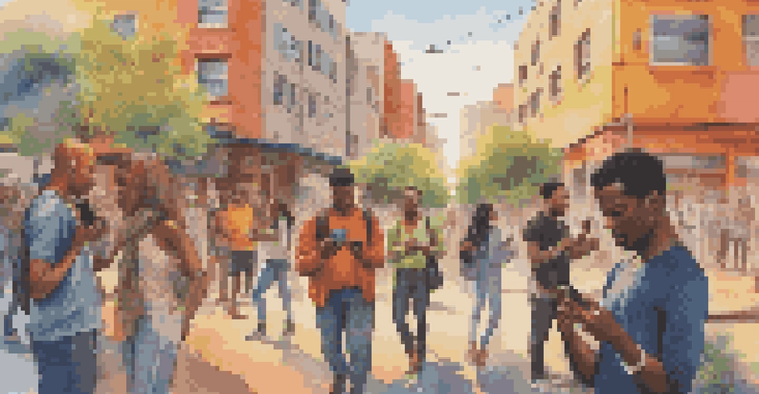 A diverse group of people interacting with smartphones in an urban setting, with colorful graffiti and greenery.