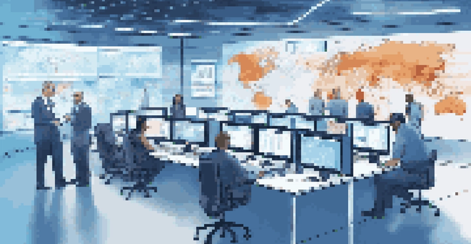 A modern control room with advanced technology, featuring screens showing real-time data and diverse professionals collaborating.