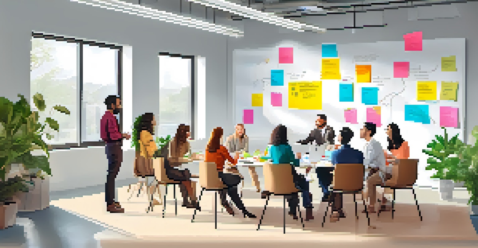 A diverse team brainstorming around a table in a modern office with a whiteboard covered in sticky notes.