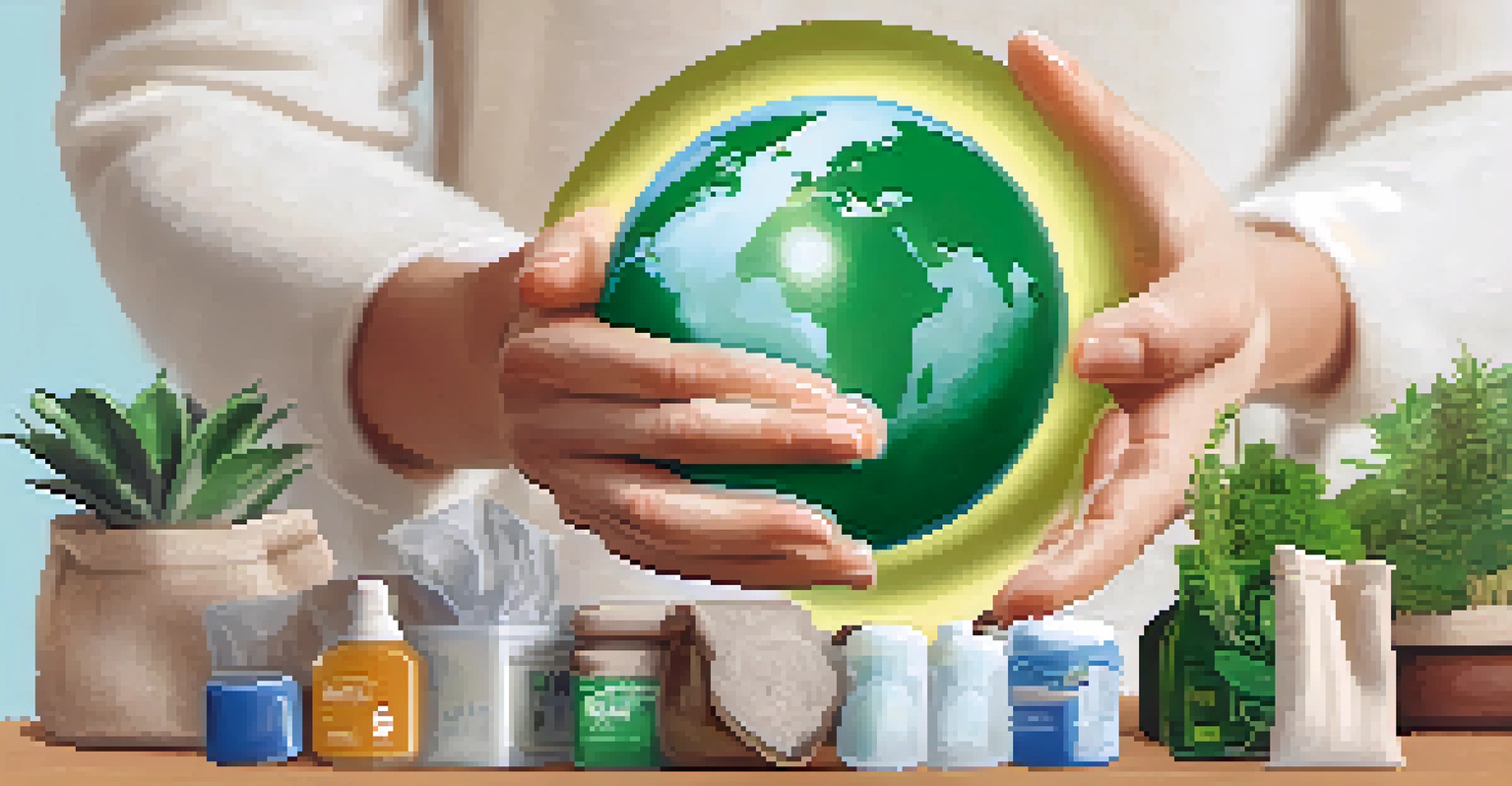 A hand holding a globe surrounded by eco-friendly products, symbolizing environmental responsibility.