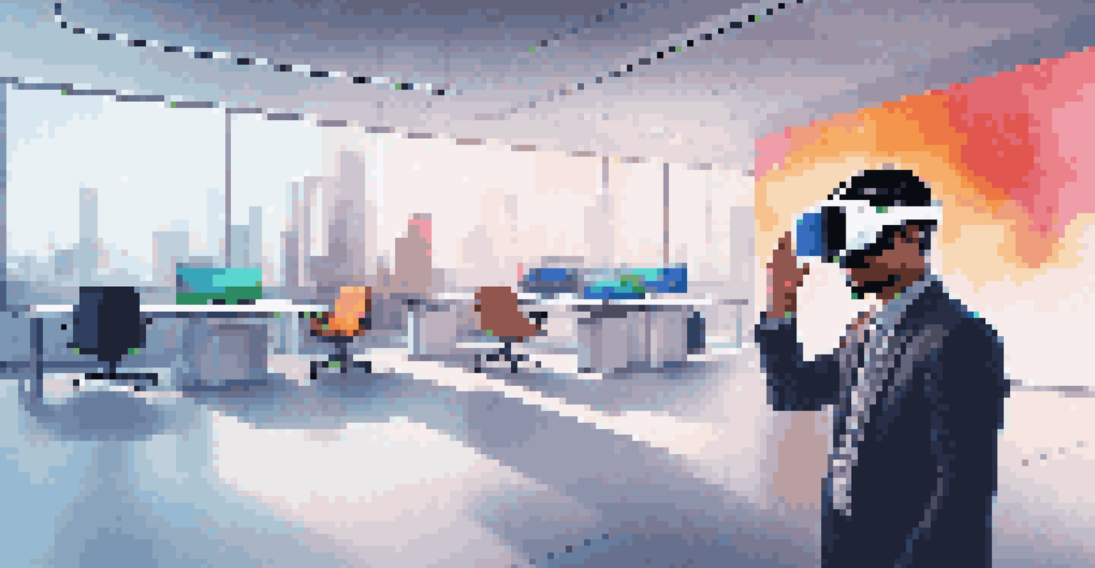 An employee wearing a virtual reality headset, engaged in a training session in a modern office space with a minimalistic design.