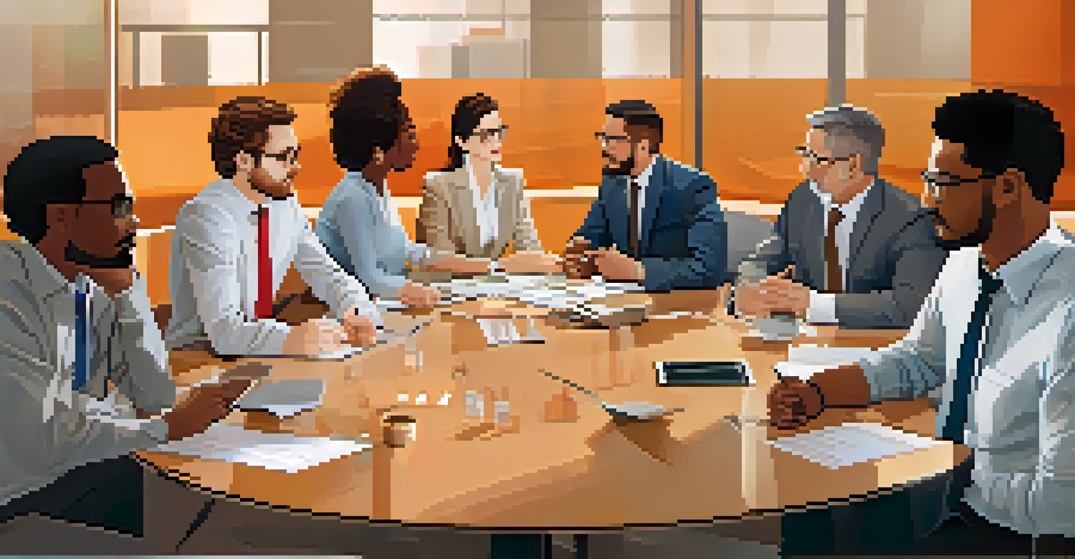 A diverse group of professionals around a conference table discussing ideas, with charts displayed on a screen in a modern meeting room.