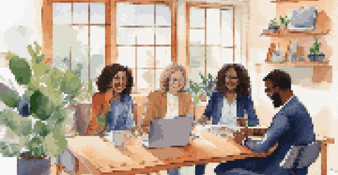 A virtual meeting with diverse professionals on a laptop, showcasing digital networking in a cozy home office.