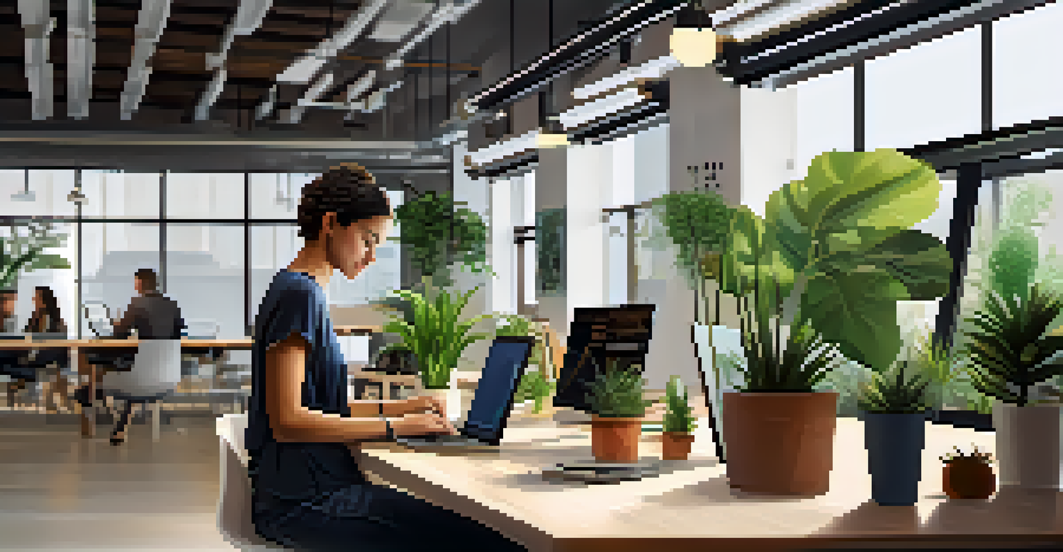 A young female entrepreneur working on a laptop in a modern co-working space surrounded by plants and other professionals.